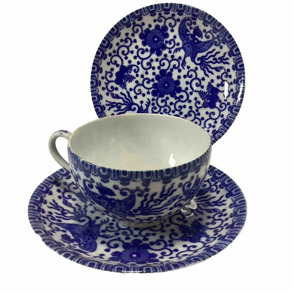 VTG Phoenix Bird Blue White Tea Cup & 2 Saucers Occupied Japan Translucent